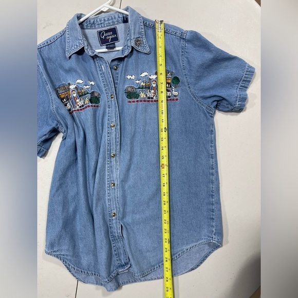 Let’s Quizz Again Noah’s ark button down short sleeve denim women’s top size L - Picture 2 of 9